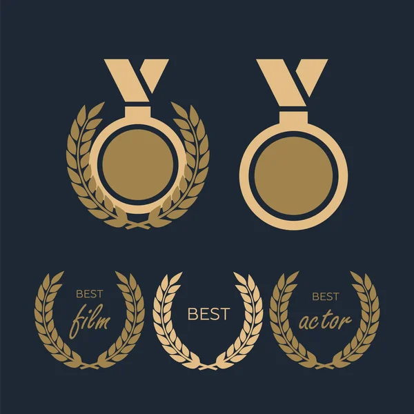 Conjunto Éxito Premio Victoria Trofeos Copas Cintas Rosetas Medallas Ganador — Vector de stock