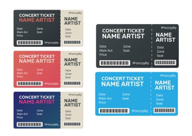 Bilet konser davetiyesi. Bilet vektörünü göster. Müzik, Dans, Canlı Konser biletleri şablonları