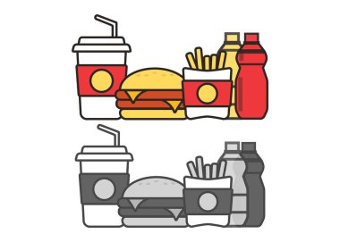 Fast food menü posteri. Fast food atıştırmalıkları ve yassı vektör simgeleri.