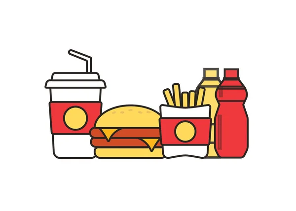 Fast Food Snacks Drankjes Platte Vector Pictogrammen Fastfood Iconen Snackzak — Stockvector