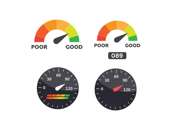 Velocímetro, vetor taquímetro. Seta pontuação bom indicador —  Vetores de Stock