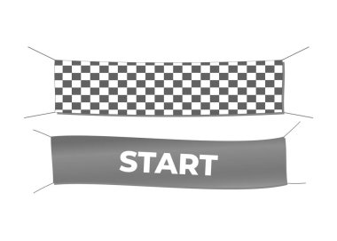 Başlangıç ve bitiş Tekstil afiş vektör kümesi. Bayrak yarışı, rekabet bitirme spor. Başlangıç ve bitiş vektör