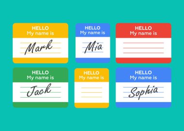 ad etiketi afiş. Adı etiket kümesi. Merhaba benim adım olduğunu. kartı, etiket etiket, tanıtmak rozeti