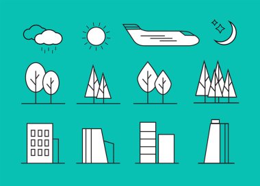 Doğrusal ağaç peyzaj öğeleri Icons set vektör