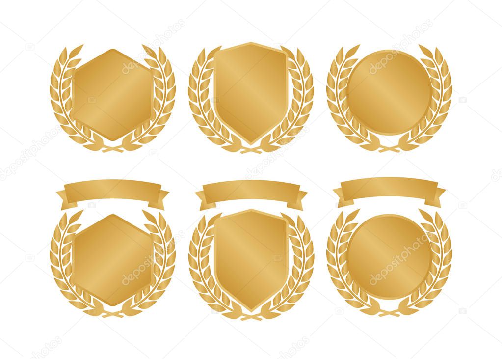 Golden shields laurel badges collection. Gold medal vector illustration.