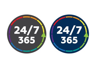 24 7 zamanlama rozet sembolü. Zaman 365 vektör işareti