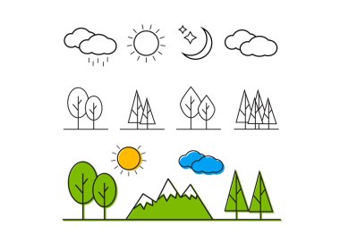 Doğa manzara ince çizgi öğeleri simgeler. Doğa manzara 