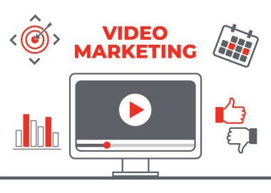 Video pazarlama. Soyut vektör kavramı arka plan. Hedef ve hedef, amacı ve fotoğraf makinesi, en iyi duruma getirme pazarlama