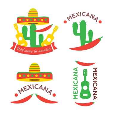 Parlak grunge Mexico logosu veya baskı vektörü renkli sombrero ve kaktüs antika baskı. Kaktüs tasviri