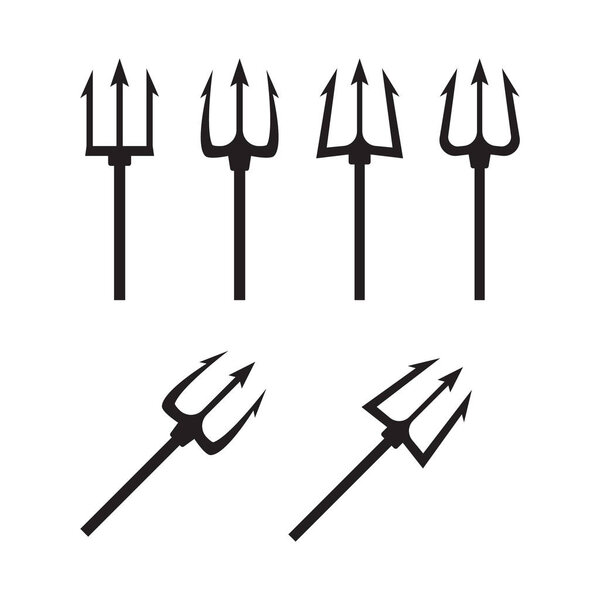 Black trident silhouette. Pitchfork weapon sharp vector illustration