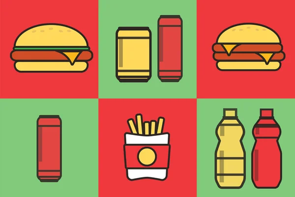 Швидка їжа барвистий плоский дизайн набір іконок. Гамбургер і сендвіч Векторні піктограми — стоковий вектор