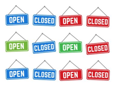 Açık ve kapalı vektör mağazası işaretleri kırmızı ve yeşil. Sancak kapısı açık illüstrasyon