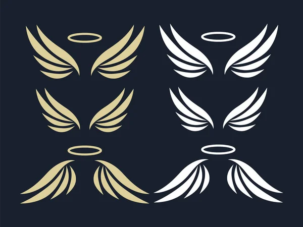 优雅的天使金色的翅膀在黑色的背景上 带着羽翼的飞行天使 金黄色的线翼 — 图库矢量图片