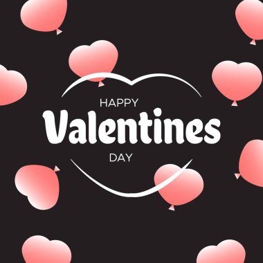 Sevgililer günü afiş, poster, tebrik kartları. Düşen balonlar ve kalp arka plan. Mutlu sevgililer günü yazı tebrik kartı  