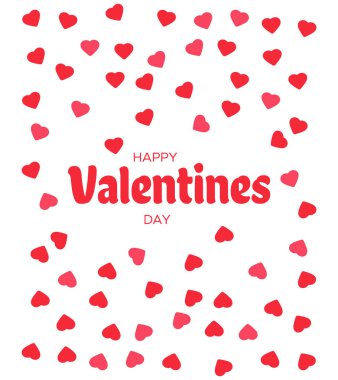 Düşen Sevgililer günü kalpleri konfeti. Tebrik kartı tasarımı. Mutlu sevgililer günü yazı tebrik kartı 