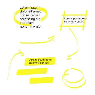 Sarı vektör işaretleyici elementler ayarlandı. Sarı işaretleyici metin seçimi