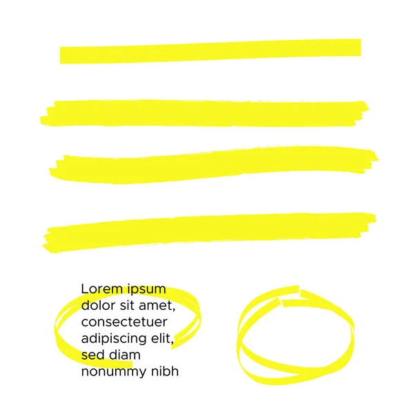 ベクトルイエローのハイライトブラシライン ブラシペンの下線 黄色の水彩画の手のハイライト — ストックベクタ