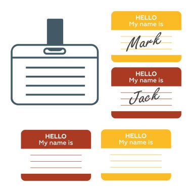 Merhaba benim adım olduğunu... Giriş kartları, vintage etiketleri ve küme rozetleri