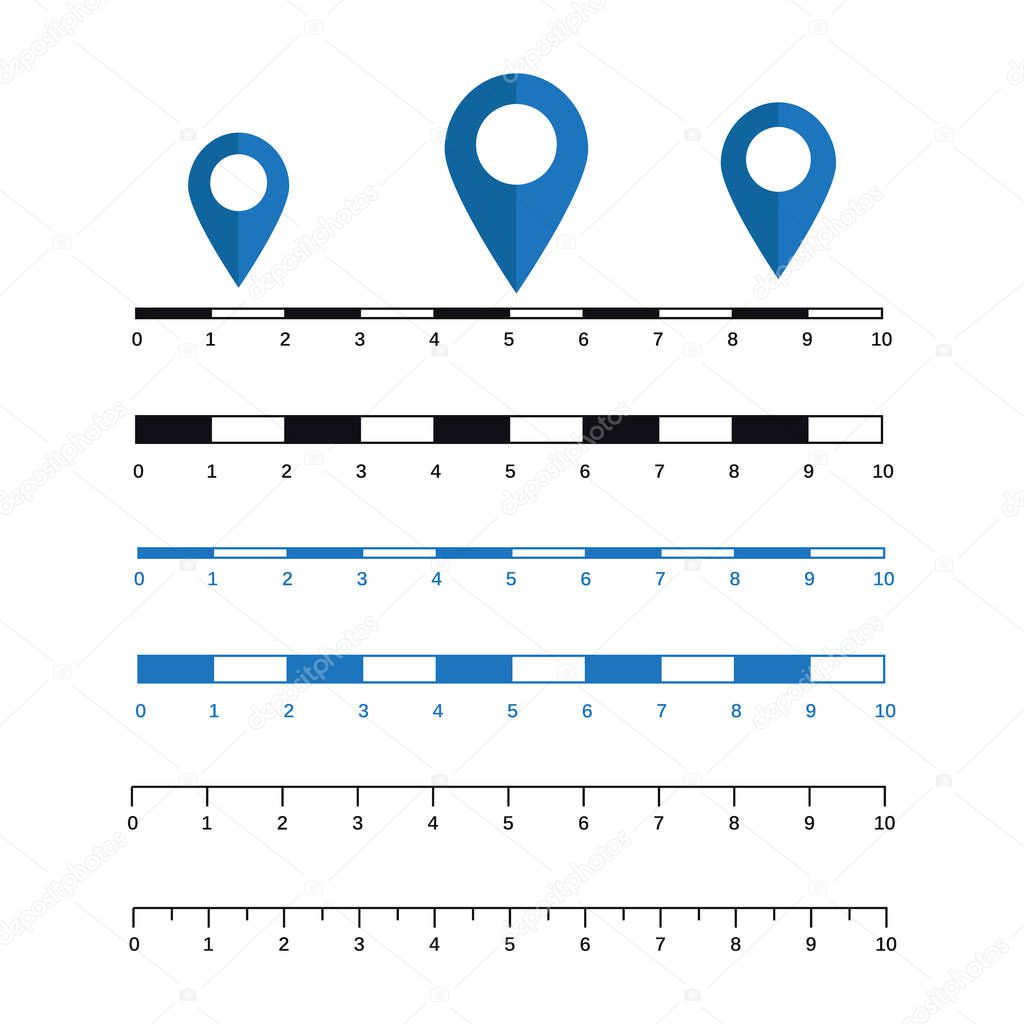Map scales graphics for measuring distances. Scale measure map vector. Latitude and longitude distance