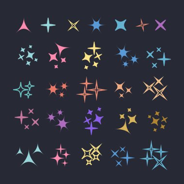 Parıltı simgesi seti. Yıldız elementi Parıldayan ışıklar vektörü