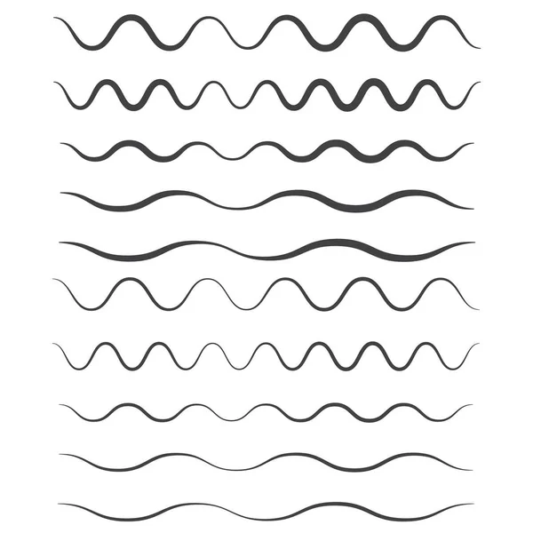 Conjunto de líneas onduladas, en zigzag, horizontales. Icono del contorno de las olas. Ola. — Archivo Imágenes Vectoriales