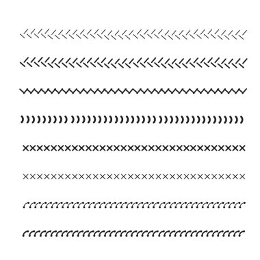 Dikiş makinesi zikzak çizgisi dikiyor. Farklı form ve renk dikişleri koleksiyonu