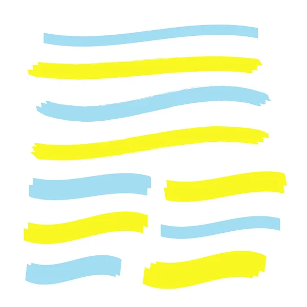 Vetor amarelo iluminador escova linhas. Escova caneta sublinhado. Amarelo aquarela mão desenhada destaque — Vetor de Stock