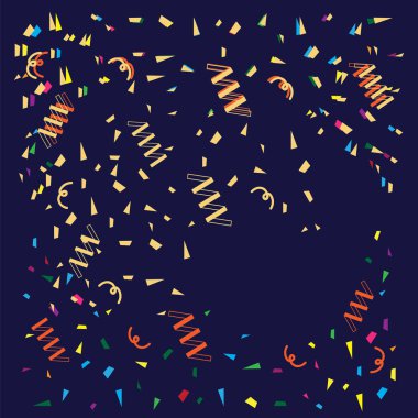 Parlak renkli vektör konfeti arka planı. Altın parıltılı konfeti uçuş vektörü arka planı
