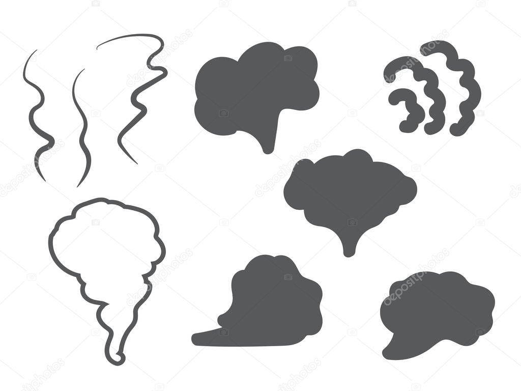 White cigarette smoke waves. Steam, cloud and smoke icons