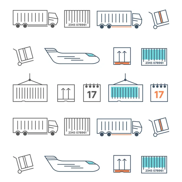 Logistiek Iconen Ingesteld Vrachtwagen Scheepvaart Vracht Transport Vector — Stockvector