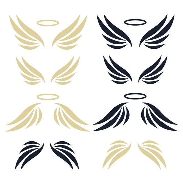 优雅的天使金色的翅膀在黑色的背景上 带着羽翼的飞行天使 金黄色的线翼 — 图库矢量图片