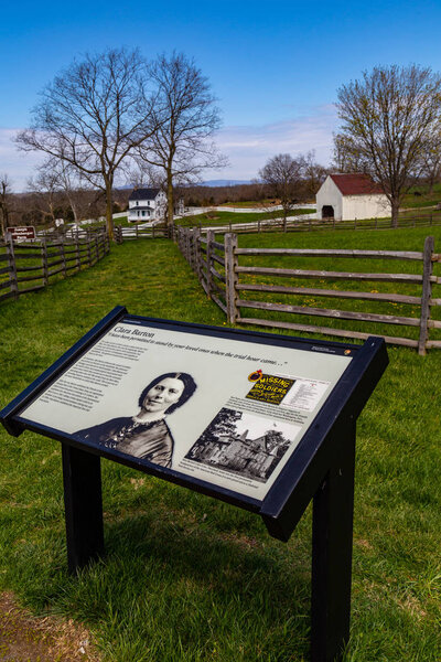 Sharpsburg, MD, USA - April 10, 2016: The battlefield information guide explaining Clara Barton's service during the Battle of Antietam.