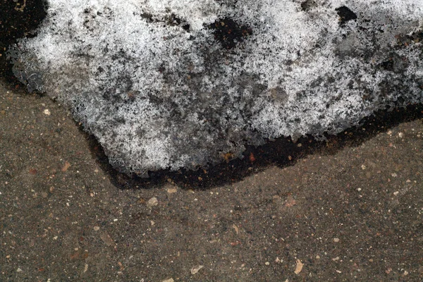 Melting snow on asphalt. Seasonal background for wallpaper or design.