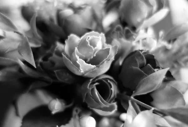 Flores artificiais boquet perto com efeito borrão em preto e — Fotografia de Stock