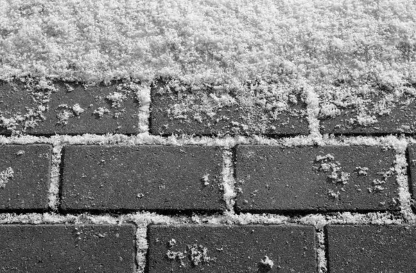 Snow on urban pavement in black and white.