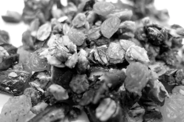 Siyah Beyaz Bulanık Efektli Lezzetli Granola Yakın Çekim Gıda Malzeme — Stok fotoğraf