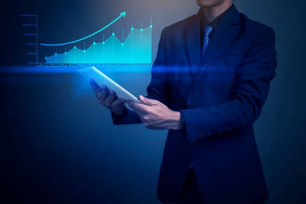 Close Businessman Holding Financial Graph Tablet Computer — Stock Photo, Image