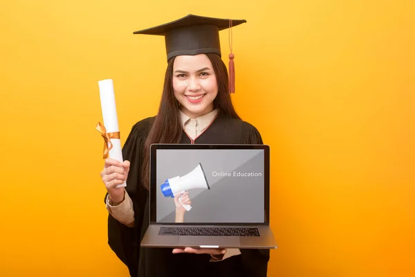 Beautiful Graduate Woman Holding Laptop Mockup Online Education Concept — Stock Photo, Image