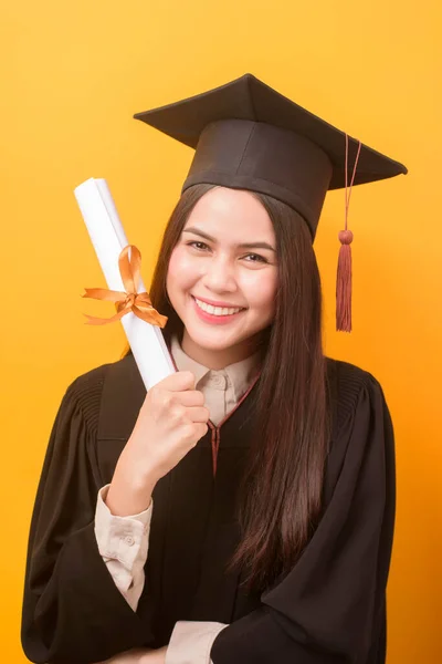 Portrait Happy Beautiful Woman Graduation Gown Holding Education Certificate Yellow — Stock Photo, Image