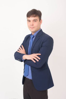 Genç iş adamının portresi beyaz arka plan stüdyosunda, iş konsepti.