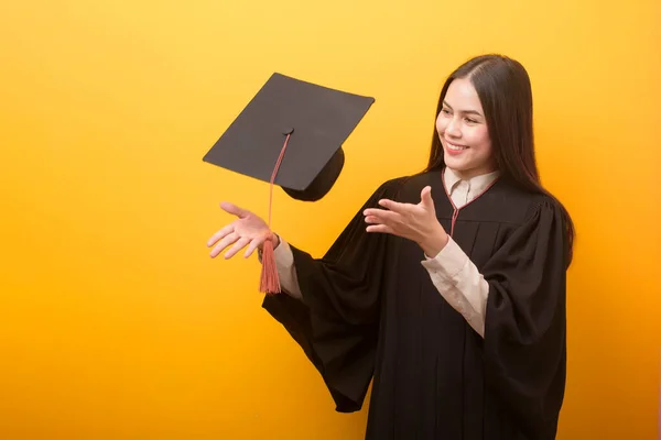 Portrait Happy Beautiful Woman Graduation Gown Yellow Background — Stock Photo, Image