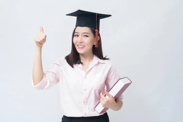 Retrato Una Hermosa Joven Asiática Con Gorra Educación Sobre Fondo —  Fotos de Stock