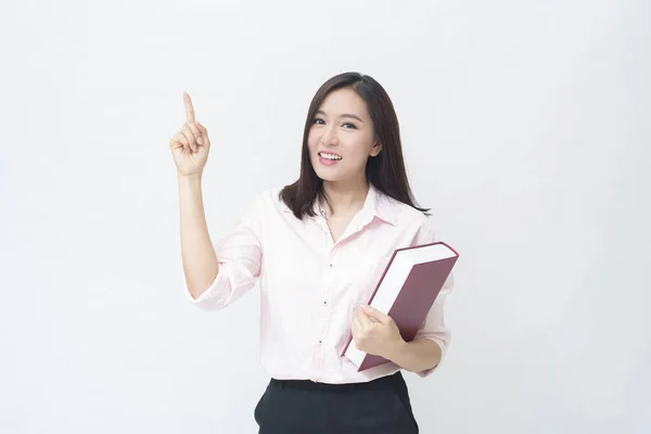 Portrait Beautiful Woman Student Pink Shirt Holding Book Isolated White — Stock Photo, Image