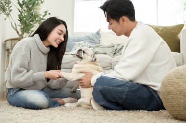 Sıcak, davetkar bir oturma odasında köpekleri ile oynarken birlikte gülen bir çift..