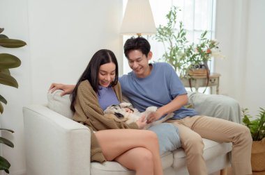 Köpekleri ile oynarlarken gülümseyen bir çift güzel ışıklandırılmış bir oturma odasında yumuşak bir halıda.