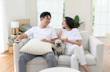 Neşeli bir çift kanepede birlikte oturur, güneşli bir yerde tatlı köpekleri ile atıştırmalıkları paylaşır..