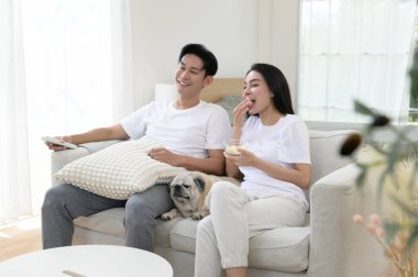 Neşeli bir çift kanepede birlikte oturur, güneşli bir yerde tatlı köpekleri ile atıştırmalıkları paylaşır..