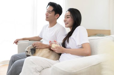 Neşeli bir çift kanepede birlikte oturur, güneşli bir yerde tatlı köpekleri ile atıştırmalıkları paylaşır..