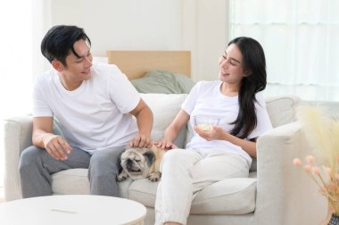 Neşeli bir çift kanepede birlikte oturur, güneşli bir yerde tatlı köpekleri ile atıştırmalıkları paylaşır..