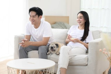 Neşeli bir çift kanepede birlikte oturur, güneşli bir yerde tatlı köpekleri ile atıştırmalıkları paylaşır..